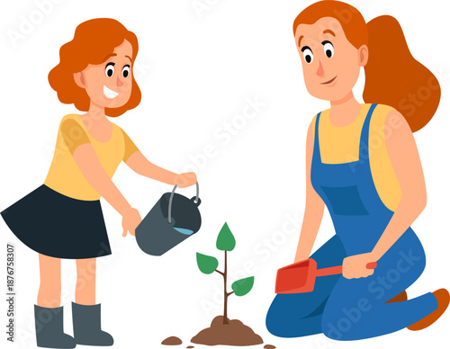 Mother and child planting small tree seedling