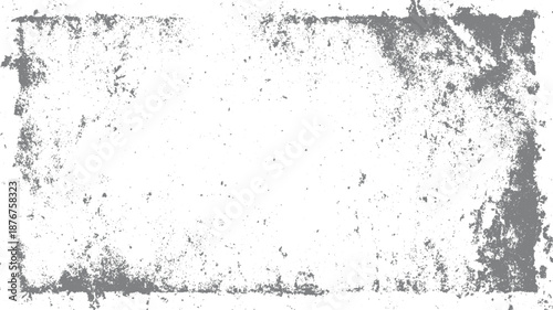 Rectangular grunge frame with distressed edges and scattered dark speckles on a white background providing a vintage or weathered border