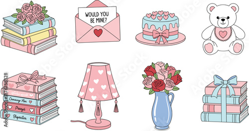 Cute romantic object collection with books flowers gifts and love elements in pastel flat vector illustration