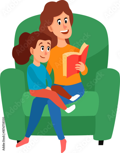 Mother reading storybook with daughter on lap
