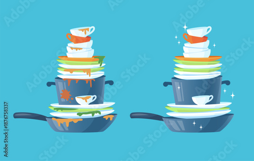 Dirty and clean dishes before and after washing