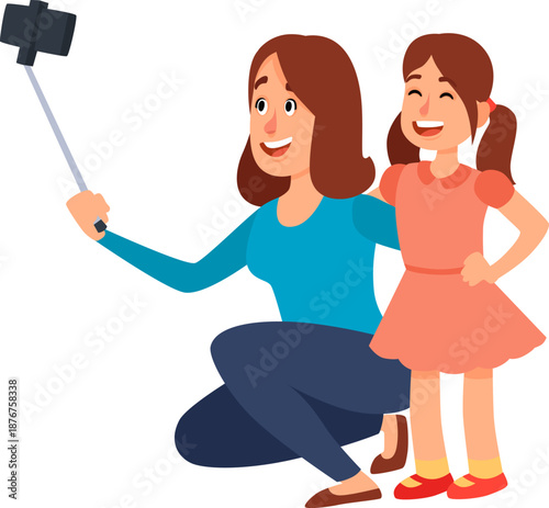 Mother and daughter taking a happy selfie with stick