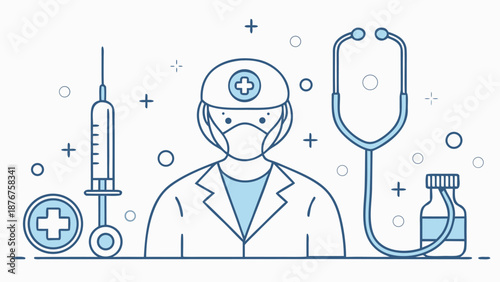 Medical professional wearing mask and protective gear with syringe and stethoscope