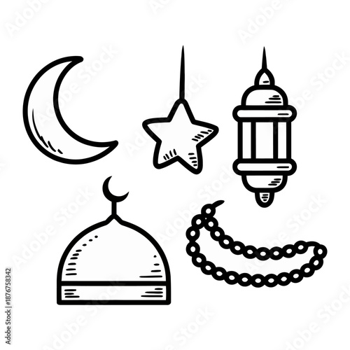 Islamic Symbols: A collection of intricately hand-drawn islamic symbols, each a representation of faith and cultural significance.