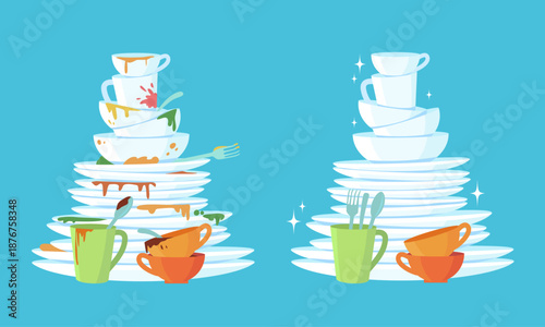 Dirty and clean dishes showing before after washing