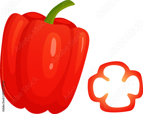 Red bell pepper whole and cross section slice