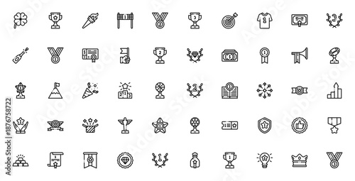 Winning_9667 icon set. Vector trophy, medal, cup, crown, star, confetti, flag, target, champagne, money bag, certificate, first place, winner symbols. Editable line icons.