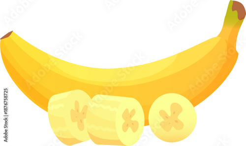 Yellow banana and slices on white background