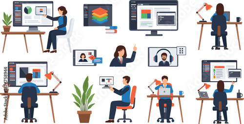 Remote work and digital office workflow illustration set with professionals using computers and online communication tools vector