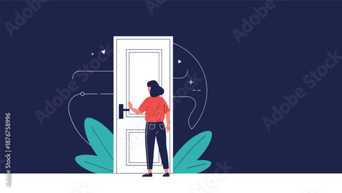 Woman standing in front of a white door about to open it against a dark background with abstract lines and decorative plant leaves.