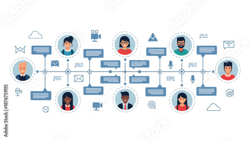 Complex network of diverse people connected by lines and chat bubbles representing global communication, social media, and teamwork.