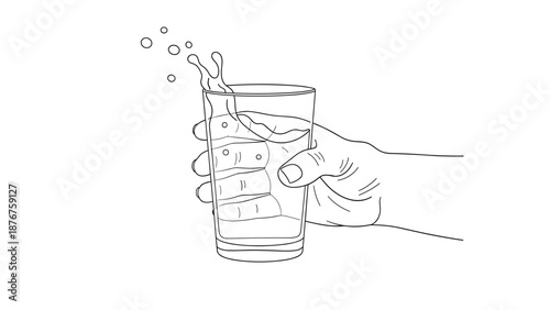 Outline drawing of a human hand holding a transparent glass with water splashing out and small bubbles floating in the air.
