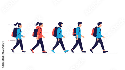 Row of diverse people wearing casual clothes and backpacks walking together in a line across a plain white background.
