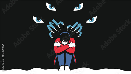 Stressed person curled in a ball on the floor while many monstrous eyes and claws loom over them in a dark and scary environment.