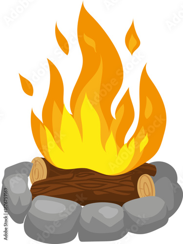 Campfire burning logs in rock ring illustration