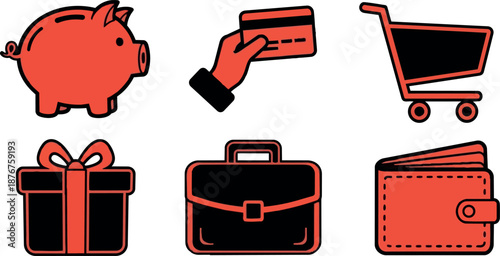 Flat design red and black shopping cart piggy bank wallet credit card briefcase gift box icons set with outline style