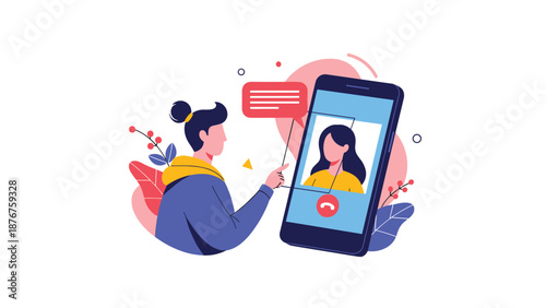 Woman using her smartphone to make a video call with another person appearing in a window with message bubbles.