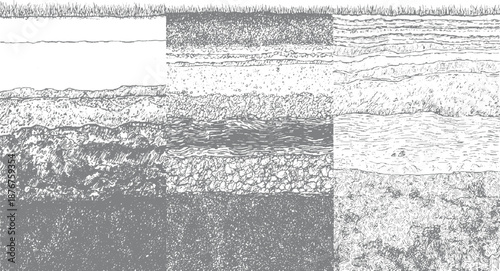 Grid of detailed monochromatic showcasing various soil layers and geological strata textures including grass, sand, pebbles, and sedimentary rock formations