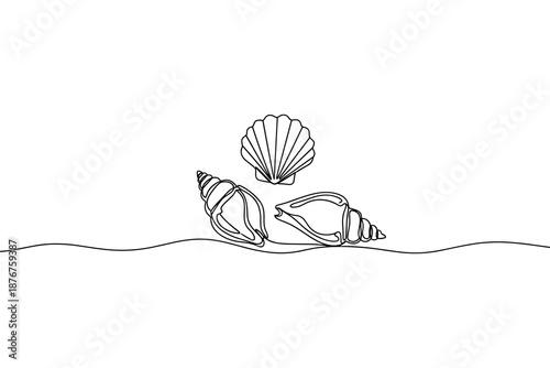 Sea shell collection vector line art on beach sand horizon for summer vacation
