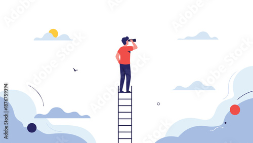 Ambitious businessman standing on top of a tall ladder and looking through binoculars to find new opportunities in the sky.