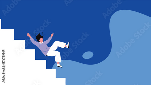 Careless person losing balance and falling down a white flight of stairs against a blue background representing accidents.