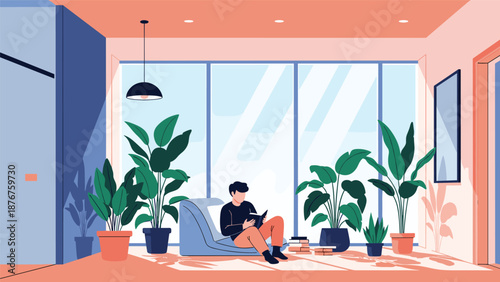 Relaxed man sitting on a bean bag chair and reading a book in a modern room with large windows and indoor green plants.