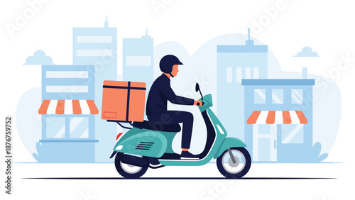 Delivery courier wearing a helmet and riding a turquoise scooter with a large cargo box through a blue city street.