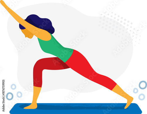 Woman practicing yoga warrior pose on a mat