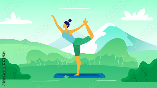 Woman practicing yoga dancer pose outdoors