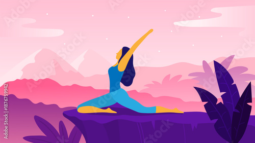 Woman practicing yoga, finding peace in mountains