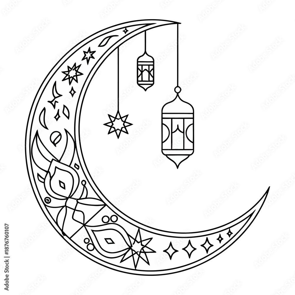 Εκτύπωση καμβά Symbol of Devotion: A crescent moon adorned with intricate patterns and suspended lanterns, radiating a sense of spirituality