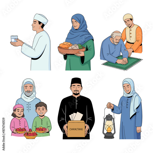 Ramadan Moments: Illustrative depiction of serene Ramadan moments. Showcasing daily activities, spiritual reflections, and communal acts. The artwork evokes a sense of peace, unity.