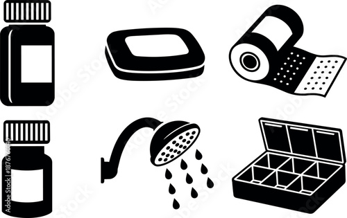 Black and white flat design medical icon set showing pill bottle, soap bar, adhesive tape, shower head, and pill organizer box