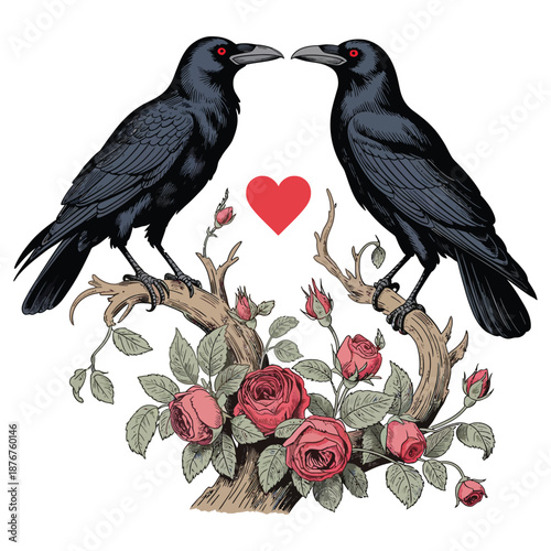 Two black ravens facing each other with red eyes and a heart between them surrounded by roses and branches with leaves high-quality.