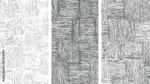 Triptych of abstract backgrounds featuring distinct geometric arrangements of textured lines and squares in varying shades of gray and white offering diverse visual textures