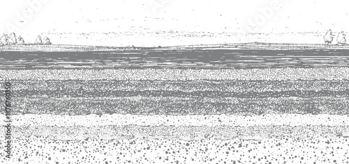 Stylized cross section of earth layers showing distinct horizontal bands of soil and rock with a river on and trees in the distance creating a landscape