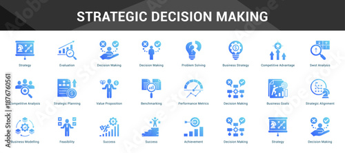 Strategic Decision Making Cohesive set of minimalist vector icons representing key ideas with visual clarity