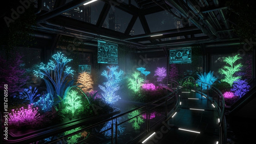 A futuristic room with colorful plants and lights on the walls and floor in a dark room with a glass ceiling