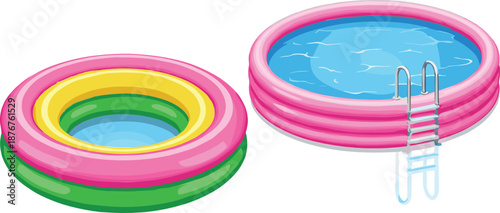 Inflatable swimming pools set including kids and family pools flat vector illustration for summer water fun design