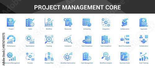 Project Management Core Cohesive set of minimalist vector icons representing key ideas with visual clarity