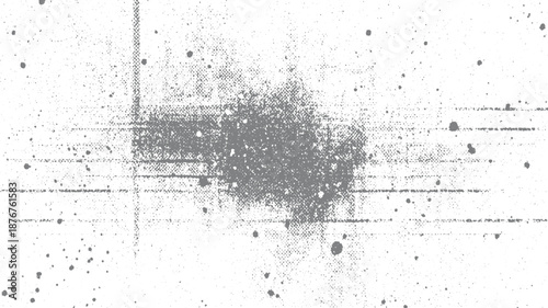 Abstract grunge texture with a central cloudy mass of dots and scattered ink splatters on a white background
