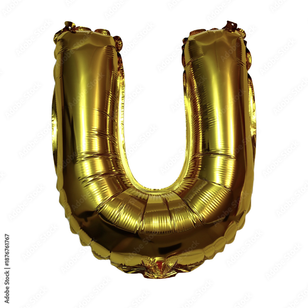 Naklejka premium Letter U made of golden inflatable helium balloon isolated on transparent background. Gold foil balloon upper case letter