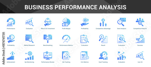 Business Performance Analysis Cohesive set of minimalist vector icons representing key ideas with visual clarity
