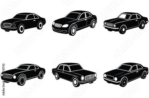 Simple car icon collection isolated on a white background. Front view symbol of auto, vehicle, automobile, sedan, van. Transport, car sharing, or delivery concept icons. Flat style vector illustration