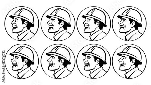 Retro smiling builder emblem in black and white, A set of eight identical retro-style black and white emblems featuring a smiling construction worker wearing a helmet, enclosed in a circle