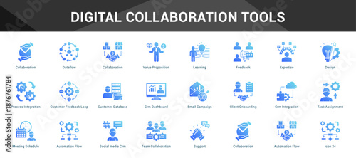 Digital Collaboration Tools Cohesive set of minimalist vector icons representing key ideas with visual clarity