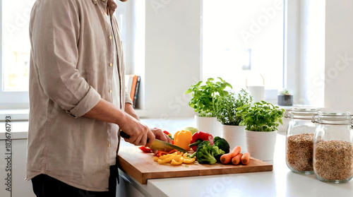 Foto Man preparing healthy meal with fresh vegetables in modern kitchen