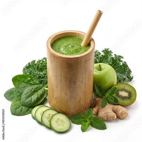 Wallpaper Mural Green smoothie in bamboo cup with fresh ingredients Torontodigital.ca