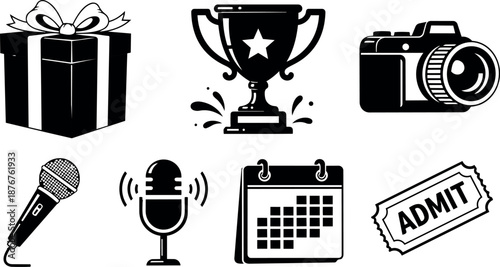 Black and white flat design icons of gift box trophy camera microphone calendar and admit ticket collection