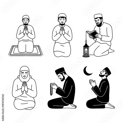 Muslim Devotion: A collection of illustrations depicting devout individuals engaged in acts of worship, revealing a sense of tranquility, reverence, and spiritual contemplation.